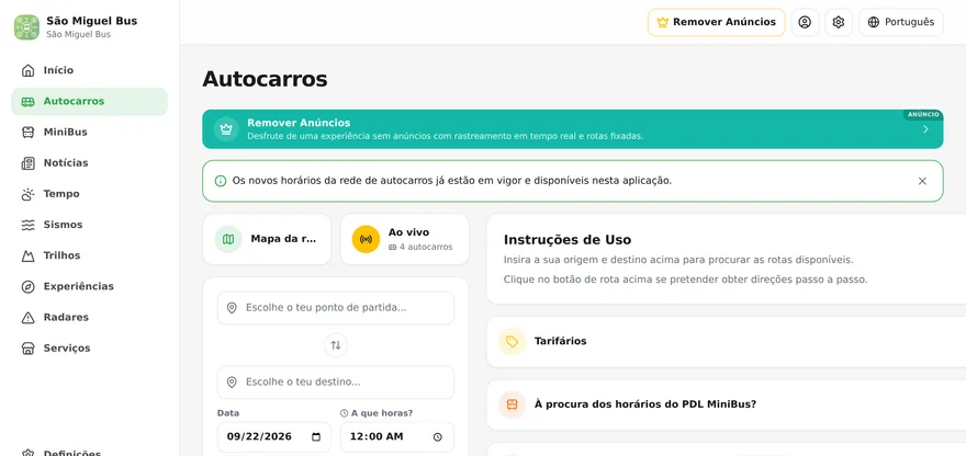 Screenshot of the São Miguel Bus landing page